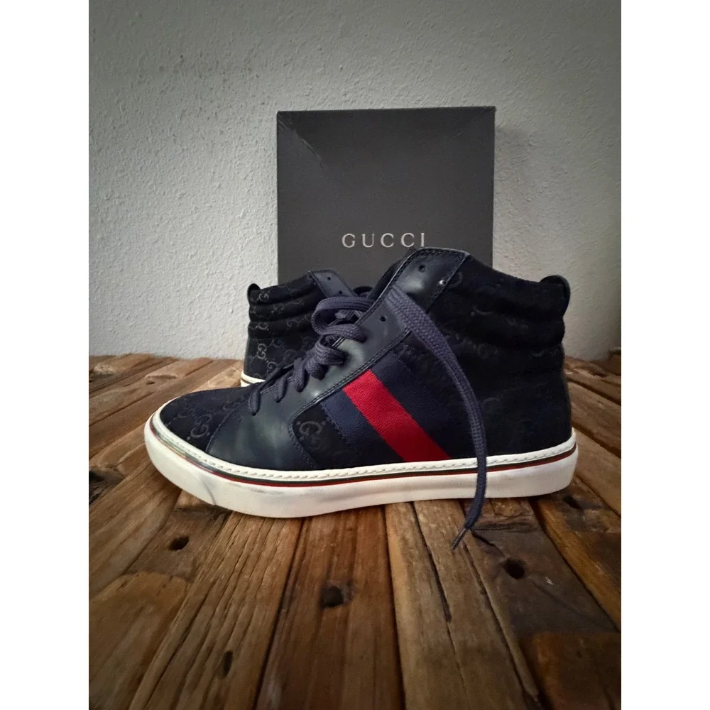 Gucci High Top Sneakers Size 8 Navy Blue GG Monogram Web Stripe 221825